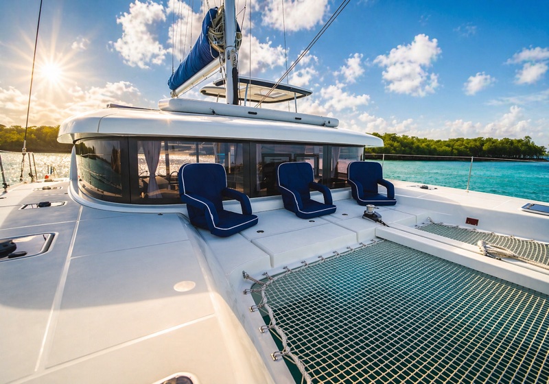 Luna Cat bow with navy chairs and turquoise water at sunset