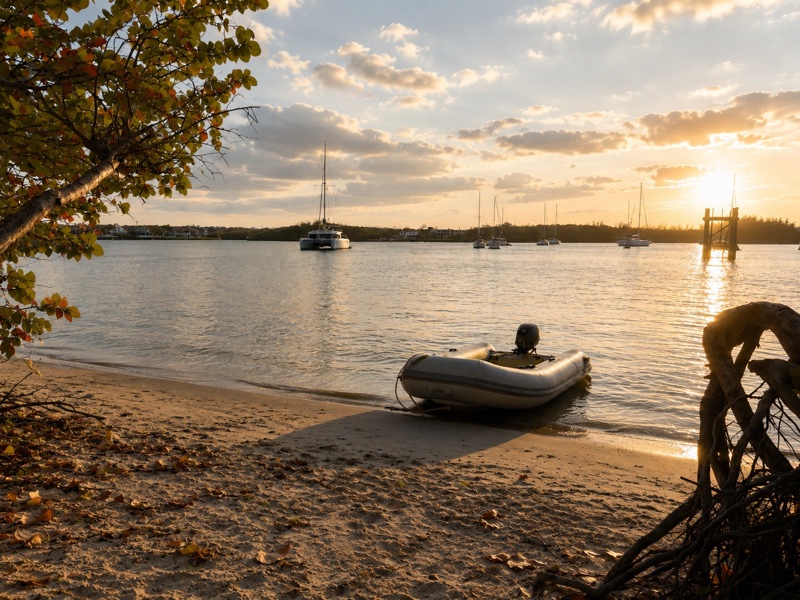 Luna Cat's dinghy beached at Peck Lake at golden hour, with Luna Cat anchored in the background