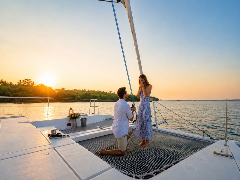 Sunset proposal on the bow of Luna Cat