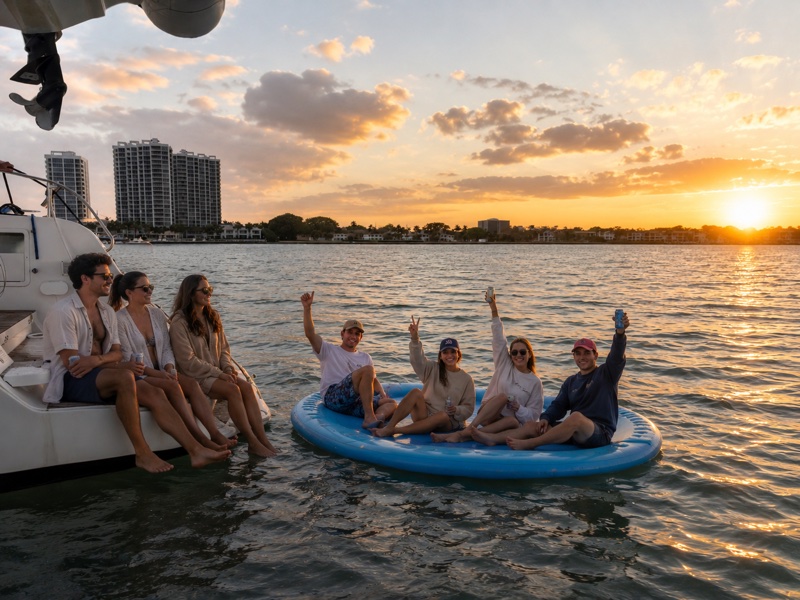 Guests floating at sunset on a sandbar adventure with Luna Cat