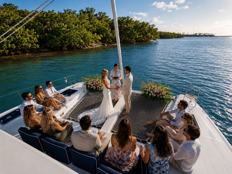 Wedding ceremony on the bow of Luna Cat
